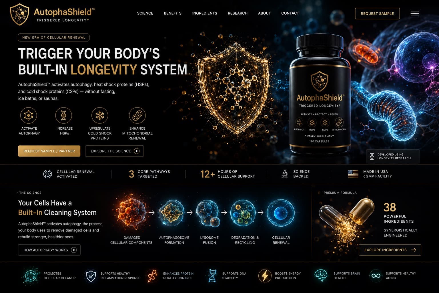 AutophaShield bottle with gold shield and cellular science imagery