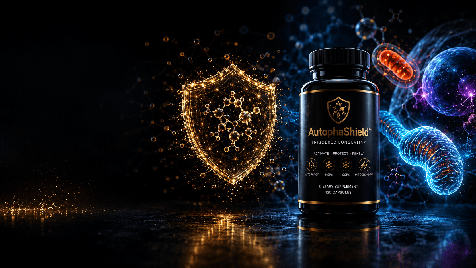 AutophaShield bottle beside a gold molecular shield with blue cellular and mitochondrial imagery